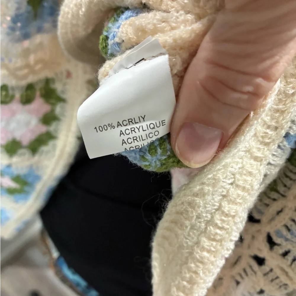 Crochet Knit Cropped Sweater with Pastel Squares - Picture 5 of 5